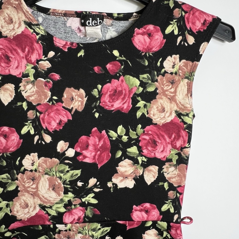 Vtg Deb‎ Black Floral Fit Flare Dress Pink Rose Print Skater Style Small NO BELT